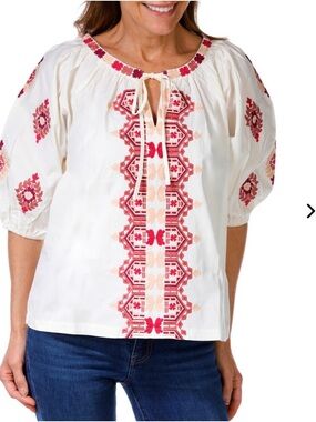 Solitaire Embroidered Peasant Blouse - White with Pink/Red Accents Size Small